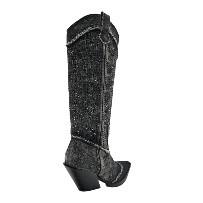 Höga Cowboyboots i Denim med Strass