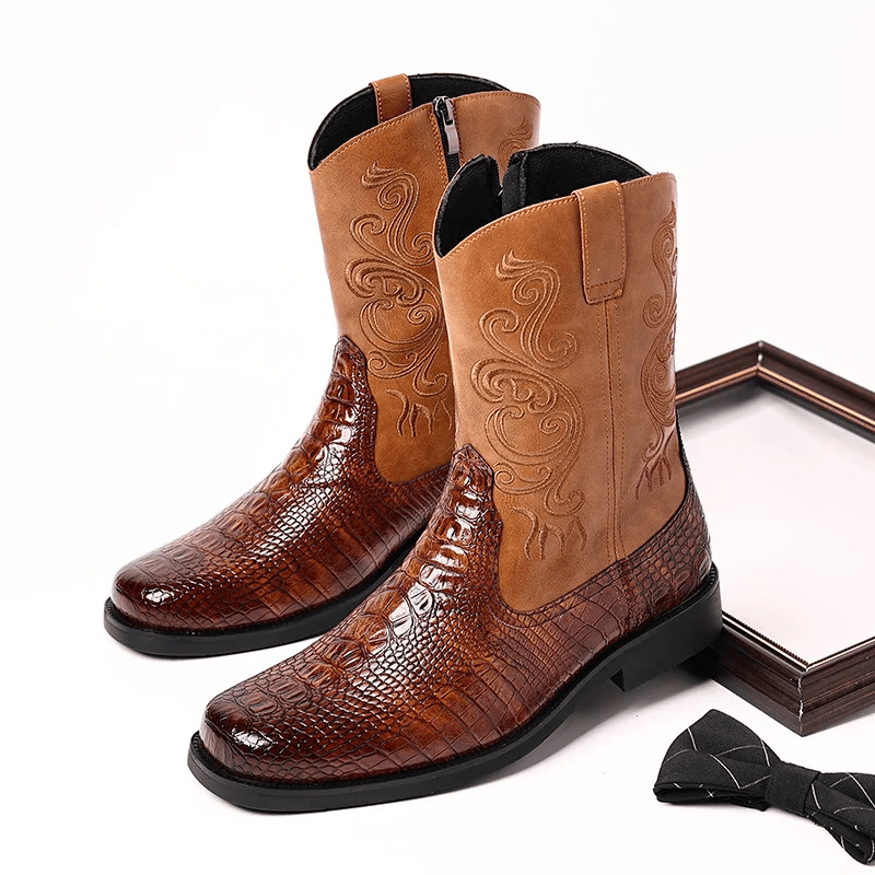 Låga Cowboy Boots Herr i Alligatormönster med Dragkedja