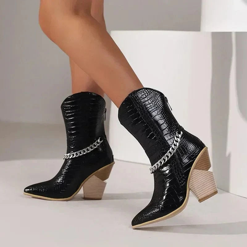 Låga Cowboyboots med Kedja och Hög Klack