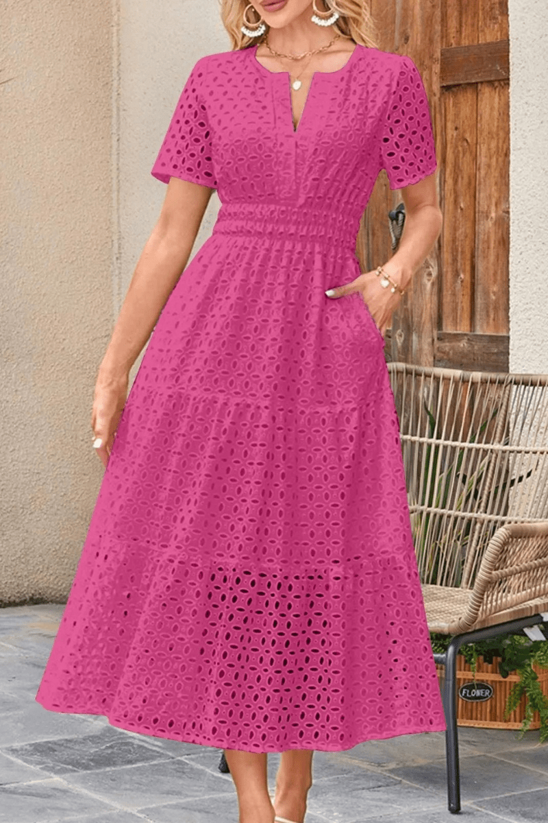 Lång bohemisk klänning med spets och broderi Stark rosa / XS