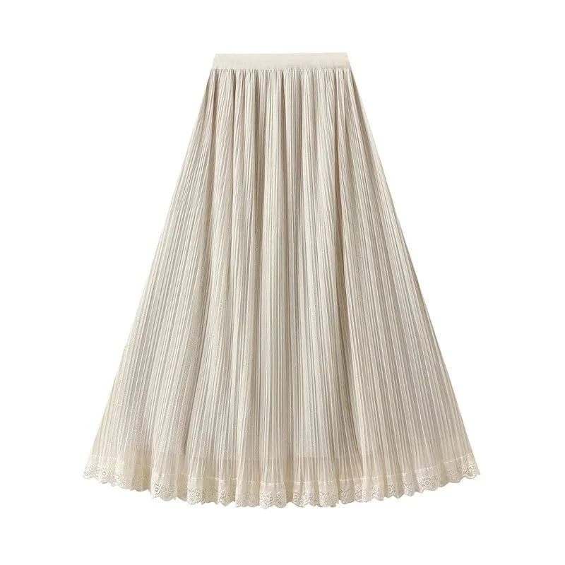 Lång präriekjol i plisserat tyg med spetsfåll Beige / One Size