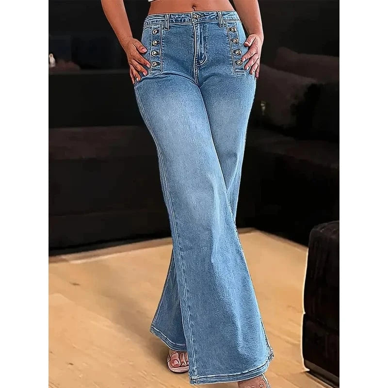 Ljusblå högmidjade vida jeans med dekorativa knappar