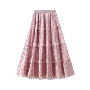 Midikjol med infällda spetsbårder Rosa / One Size
