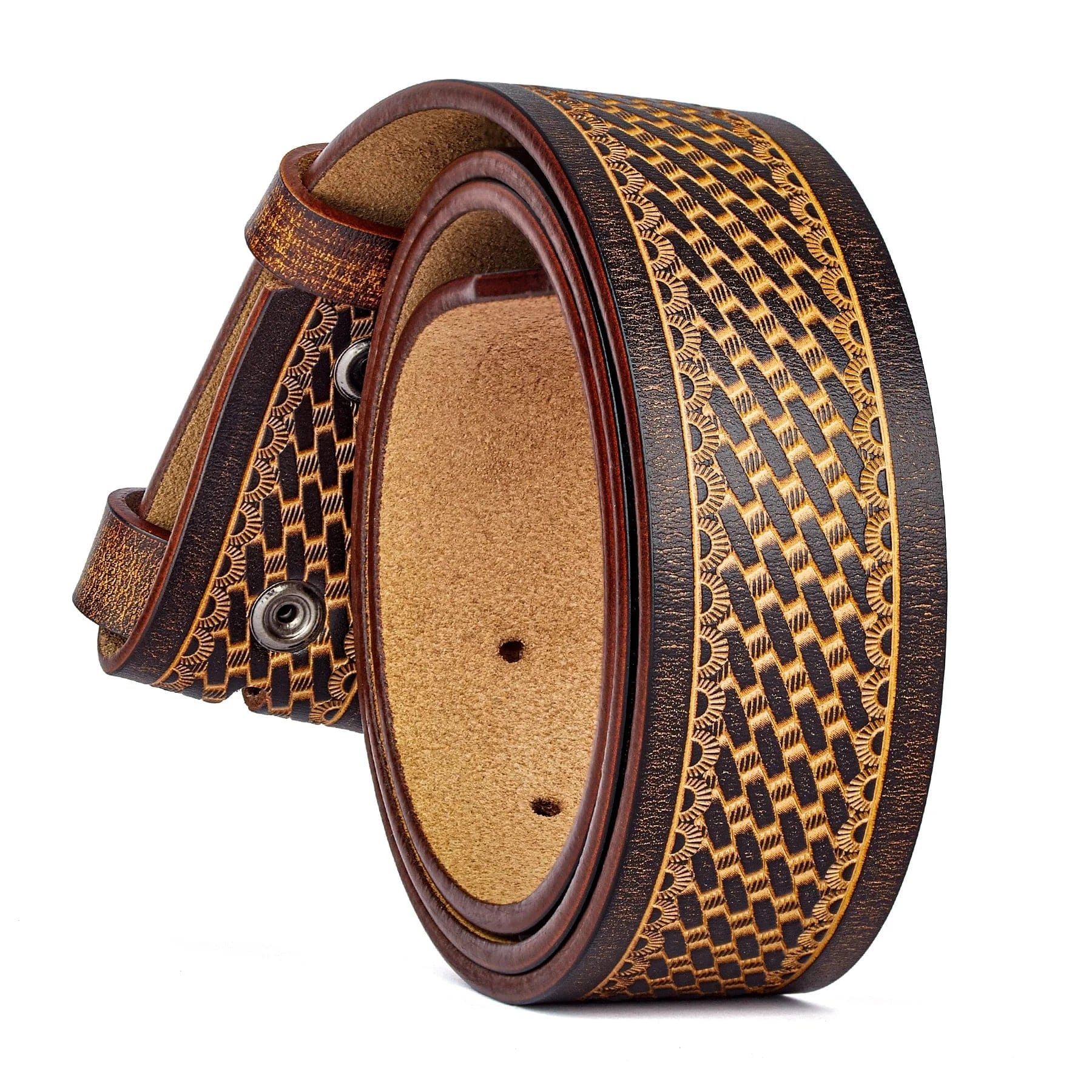Präglat westernbälte i äkta läder med klassisk cowboykänsla Cognac / 105cm