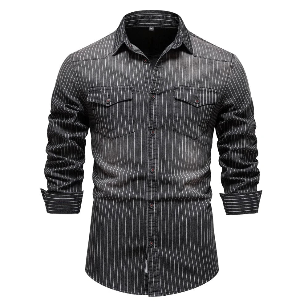 Randig cowboy skjorta herr i stretch-denim Svart / S