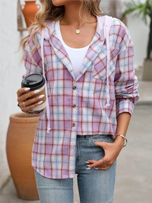 Rutig hoodie-skjorta dam Lila / S