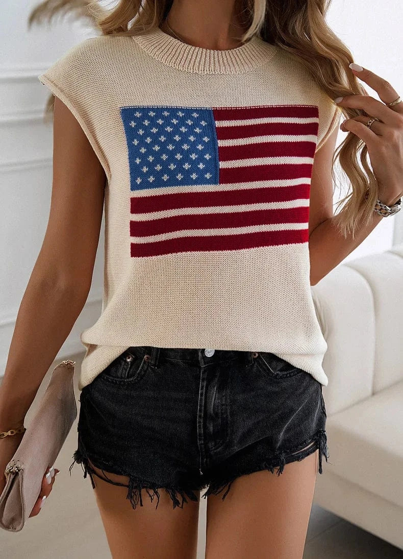 Stickad ärmlös tröja med amerikansk flagga