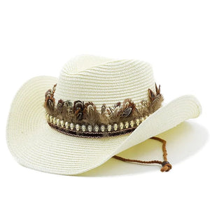 Stråcowboyhatt med fjäderdekor Offwhite / 56-58cm
