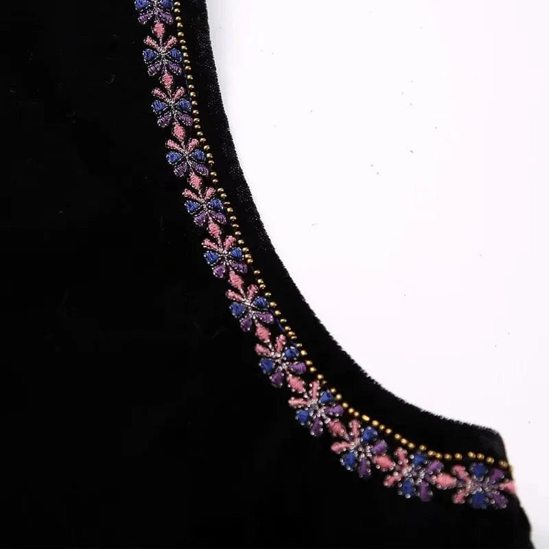 Svart Sammetsväst med Rosa Lila Silver Paljetter Broderi