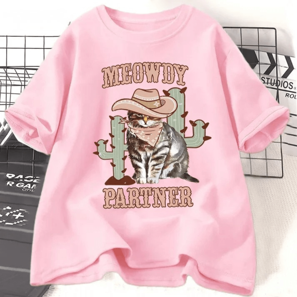 Tshirt med cowboykatt "Meowdy Partner" Rosa / S