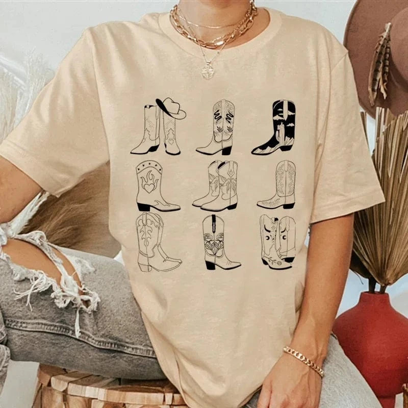 Tshirt med cowgirlboots och hatt Beige / XS