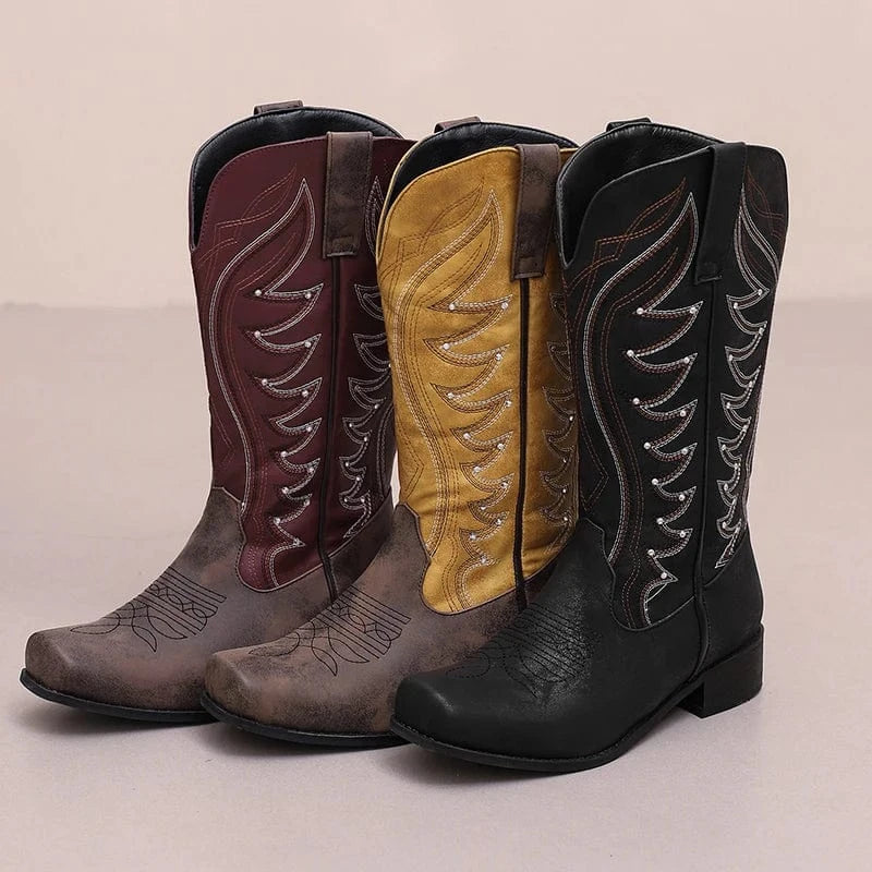 Tvåfärgade Höga Cowboyboots med Fyrkantig Tå för Dam