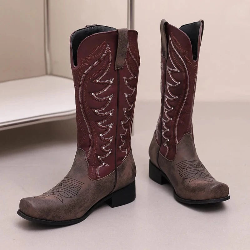 Tvåfärgade Höga Cowboyboots med Fyrkantig Tå för Dam