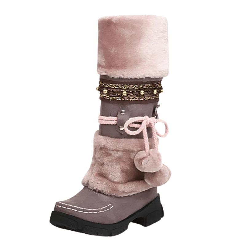 Vinter cowboyboots med fluffig insida och dekorativ snörning Rosa / 35