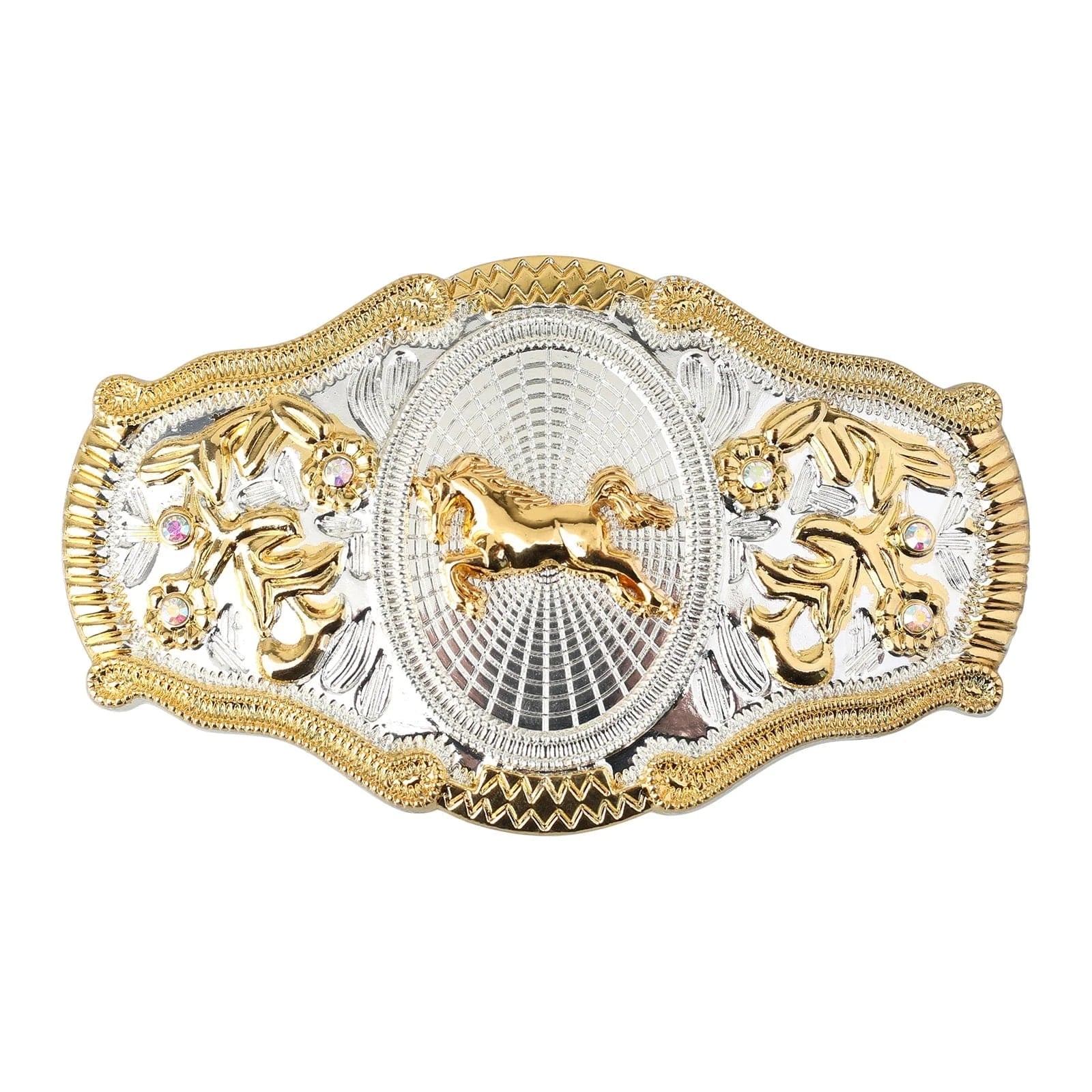 Western Bältesspännen Guld Silver Djurmotiv Vita Strass Blommig Relief Galopperande häst