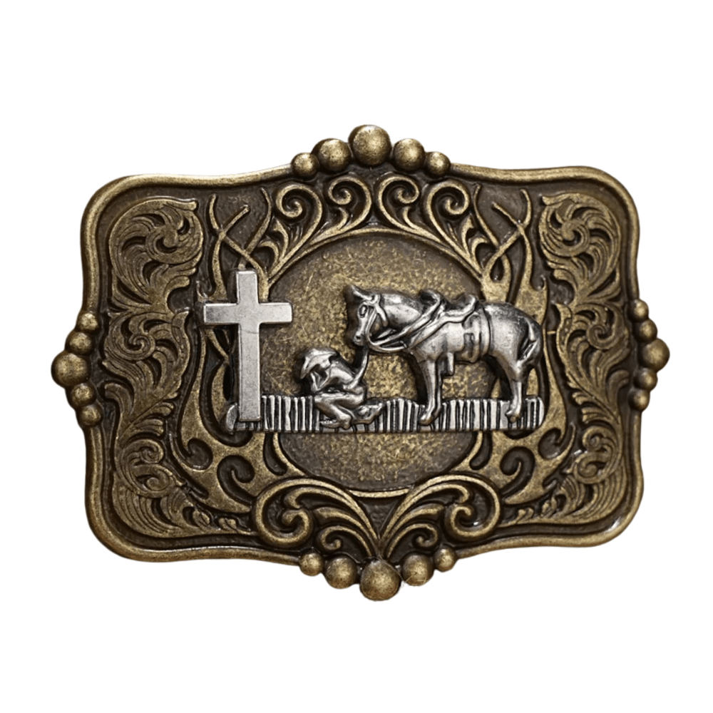 Western Bältesspännen Mix Antik Brons Silver Kors och Häst