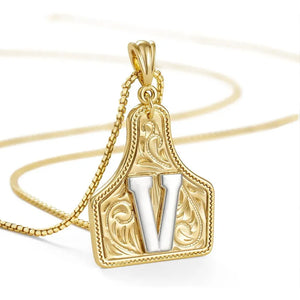 Western Cowgirl Initial Necklace Cowboy A-Z Letter Pendant Necklace for Women Handmade CowTag Two-Toned Jewelry Gift V / With cowboy box
