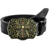 Westernbälte i präglat läder med barockinspirerat spänne i antikmetall Svart och guld / 110cm