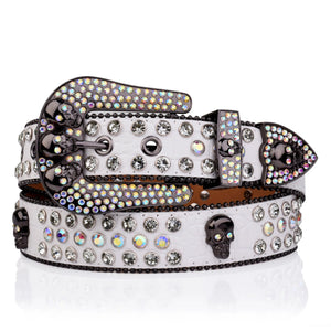 Westernbälte vitt strass med skull-spänne 105cm